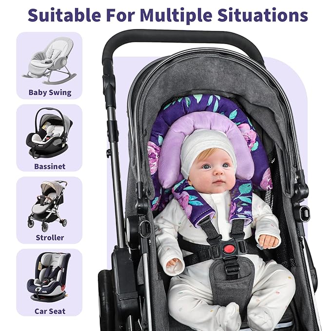 Baby Car Seat Head Support with Extra Headrest, 2-in-1 Babybody Supports with Shoulder Pads Set for Newborn, Adjustable Infant Car Seat Insert Compatible with Stroller, Baby Swing (Purple Flower)