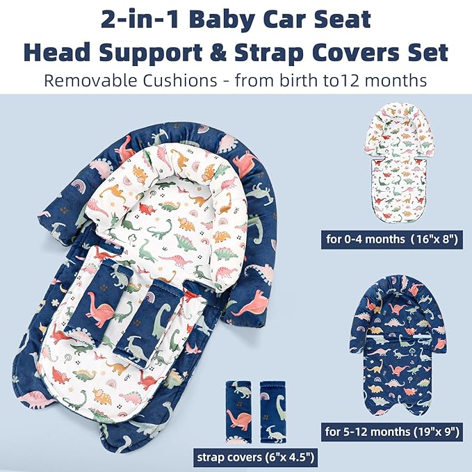 Baby Car Seat Head Support & Strap Covers, Upgraded 2-in-1 Infant Car Seat Insert Cushion for Newborn Girls, Perfect for Carseat, Stroller, Swing, Extra Soft, Dinosaur