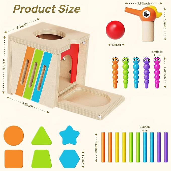 5 in 1 Montessori Toys for 2 3 Year Old Boys and Girls, Wooden Learning Toys with Object Permanence, Bird Feeding Game, Fine Motor Skills, Problem Sloving