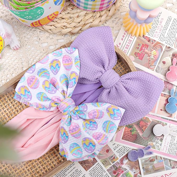 YanJie Easter Headbands Bow Purple Pink Egg Carrots Printed Nylon Hairbands Cheer Bows Big Easter Hair Accessories Infant Easter Gifts