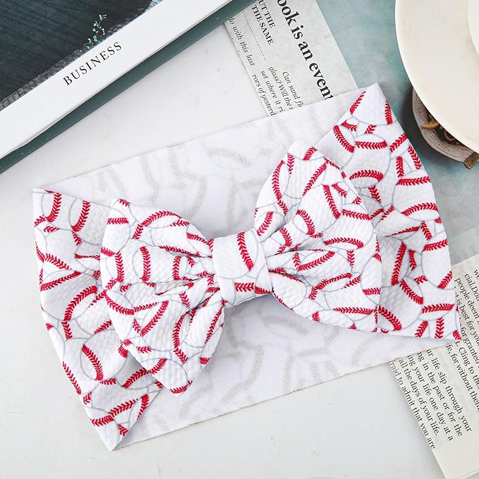 BOXOB Baseball Bow Headband Baby, High Stretchy Soft Nylon Headbands in Red & White Game Sport Event Hair Accessories for Girls and Infants
