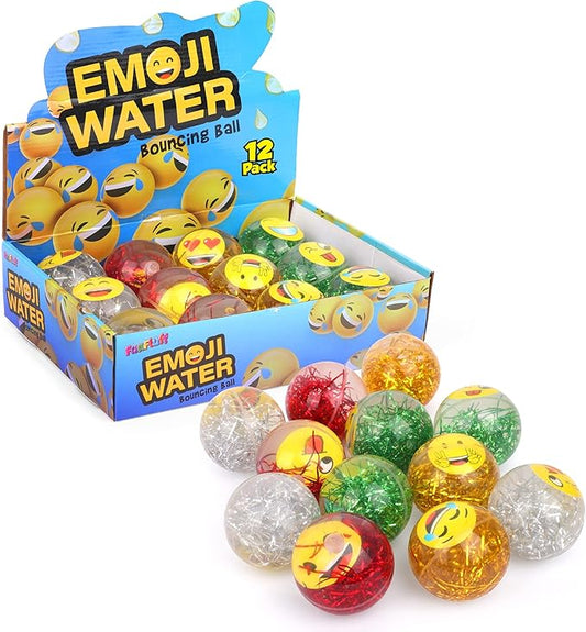 Emoji Water Filled Bouncy Balls - Rubber Balls for Kids Glitter Filled - 12 Pack Large High Bouncing Ball, Bounce Balls, Party Favors Balls