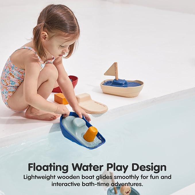 PlanToys® Tugboat Wooden Bath Toy | Eco-Friendly Floating Boat for Kids | Promotes Fine Motor Skills & Imaginative Play | Sustainable Birthday Gift for Bathtime Fun