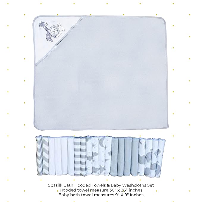 Spasilk Bath Hooded Towels & Baby Washcloths Set, Baby Bath Essentials for Everyday Use, 23-Piece Gift Set, Gray Lion