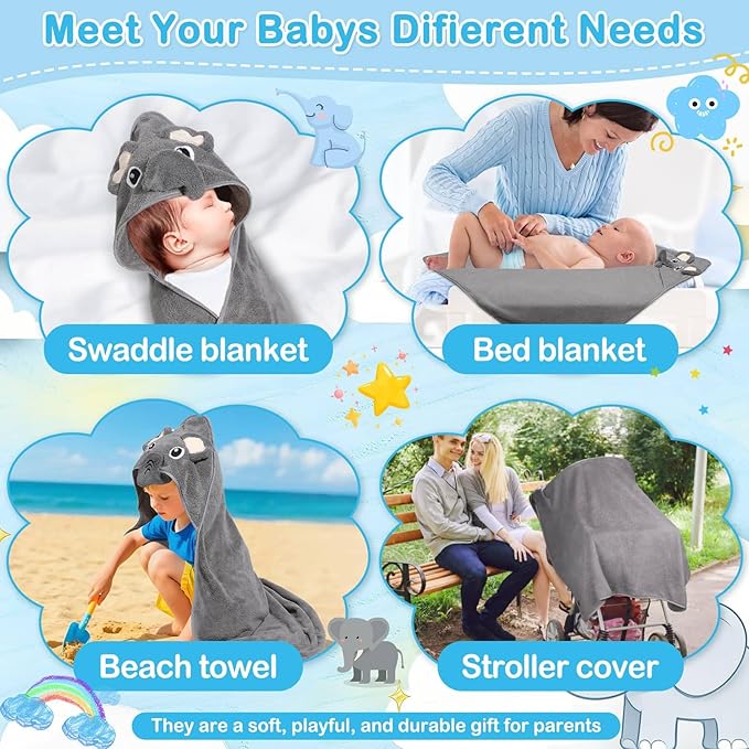 Flasoo 4 Pcs Baby Towels and Washcloths Set, 1 Pcs Animal Hooded Baby Towels & 3 Pcs Baby Washcloths for Newborns, Toddlers, and Kids, Soft Absorbent Hooded Bath Towel for Boys & Girls (Gray Elephant)