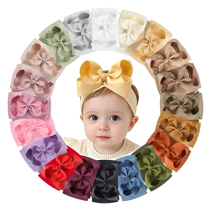 CÉLLOT 20pcs Baby Bows Headbands Nylon Hairbands Big Ribbon Bow Elastic Hair Accessories for Newborns Infants Toddlers and Kids