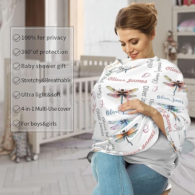 Personalized Car Seat Covers with Name, Dragonfly Baby Canopy Carrier Cover, Breathable Breastfeeding Nursing Cover, Stretchy Multi-Use Infant Carseat Stroller Cover