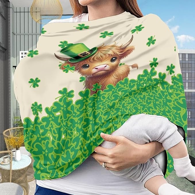Wanyint Baby Car Seat Covers Nursing Cover Carseat Canopy Baby Breastfeeding Cover Multi-Use Nursing Scarf Infant Stroller Cover Home Decor, Highland Cow Leprechaun Hat Clover