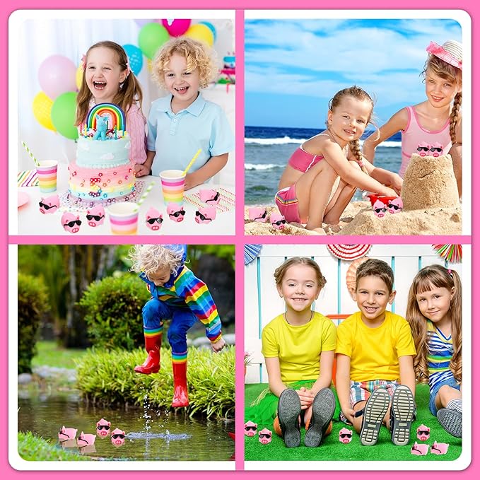 Liliful 200 Sets Mini Rubber Pig Bath Toy with Sunglasses Pink Float and Squeak Pig Bathtub Toys for Baby Shower Halloween Christmas Birthday Party Supplies
