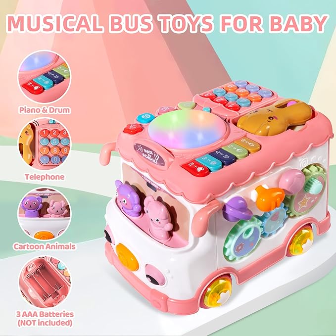 Toys for 1 Year Old Girl Gifts, 10-in-1 Montessori Toys Bus for Baby 6-12 12-18 Months, Educational Musical Learning Toddler Toy Age 1-2, 1st First Birthday Gifts for Girls and Boys, Pink