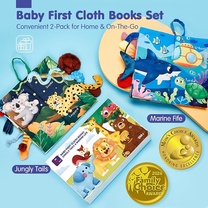 hahaland Baby Toys 0-6 Months - Crinkle Books for Babies 2-Pack, Soft Cloth Sensory Touch Feel Baby Book 6-12 Months Infant Montessori Toys 0-3 Month Newborn Baby Boys Gifts 3-6 Months Travel Toys