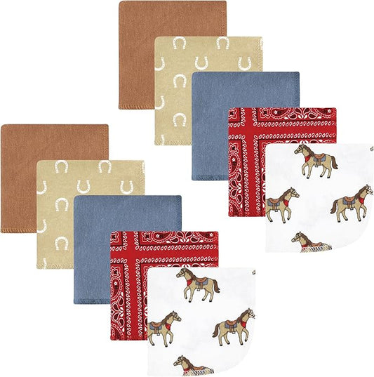 Hudson Baby Unisex Baby Flannel Cotton Washcloths, Cowboy 10 Pack, One Size