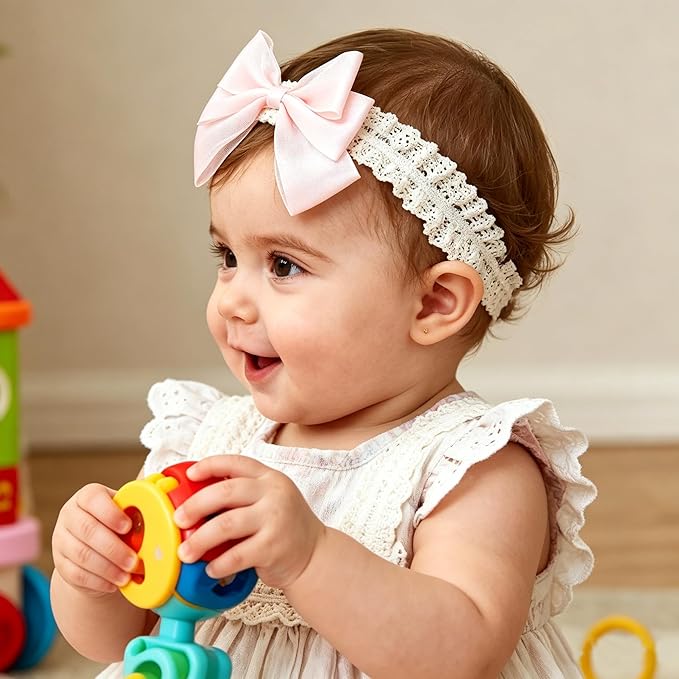 Baby Girls Hairbands Bow Lace Headband Handmade Soft Stretchy Pink Bowknot Hairbands Newborn Hairband with Bows Elastic Hair Bands for Kids Infant(Glossy Pink Bow