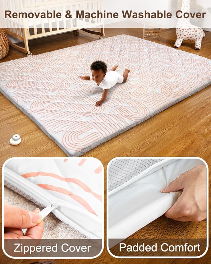 Foam Baby Play Mat 71x59, Removable and Machine Washable Cover, Thicken Cushioning Playmat and Perfect for Playpen, Non-Slip Bottom, Easy to Clean for Infants, Toddlers & Babies(Rainbow)