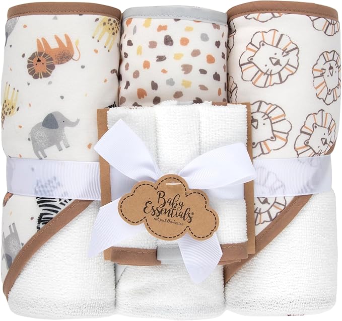 Baby Bath Essential Hooded Baby Bath Towel and Washcloth 6 Piece Set for Newborns, Infants & Toddlers, Boys & Girls Baby Hooded Towels Set (Safari Animals)