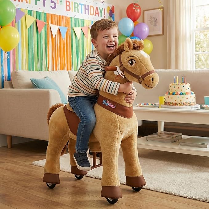 PonyCycle Horse Ride on Pony Toys Riding Horses Rocking Horse Walking Essential Model E (with Brake/ 35.4" Height/Size 4 for Age 4-7) Boys and Girls Gifts Ride on Horse with Wheels Light Brown E436