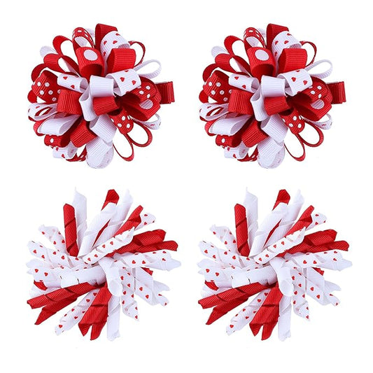 Valentines Korker Hair Bows 3'' Toddler Baby Girls Curly Corker Bow Alligator Clips Red Heart Grosgrain Ribbon Fireworks Flowerball Accessories Kids Xmas Gift
