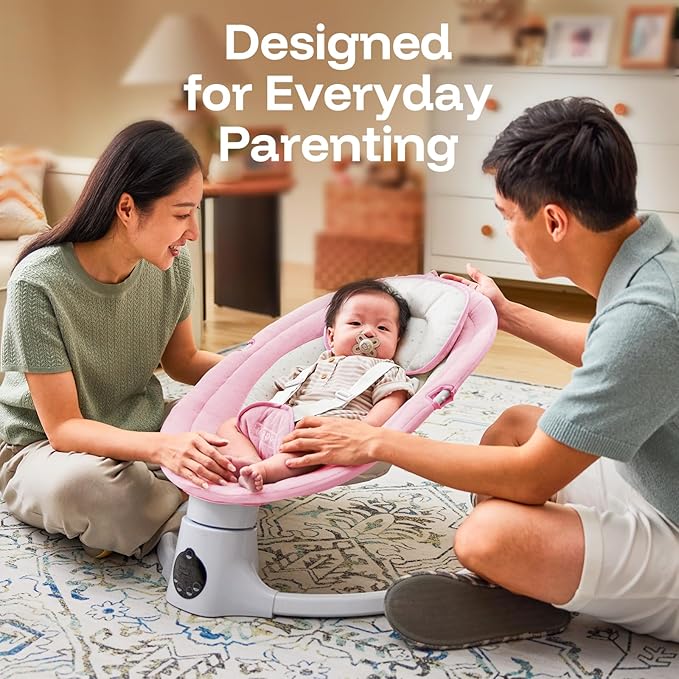 HARPPA Weddell Lite Electric Baby Swing for Infants with Music Speaker, 5 Adjustable Speeds, 5-Point Safety Harness, Timer Function, Compact Design for Indoor & Outdoor Use, Pink