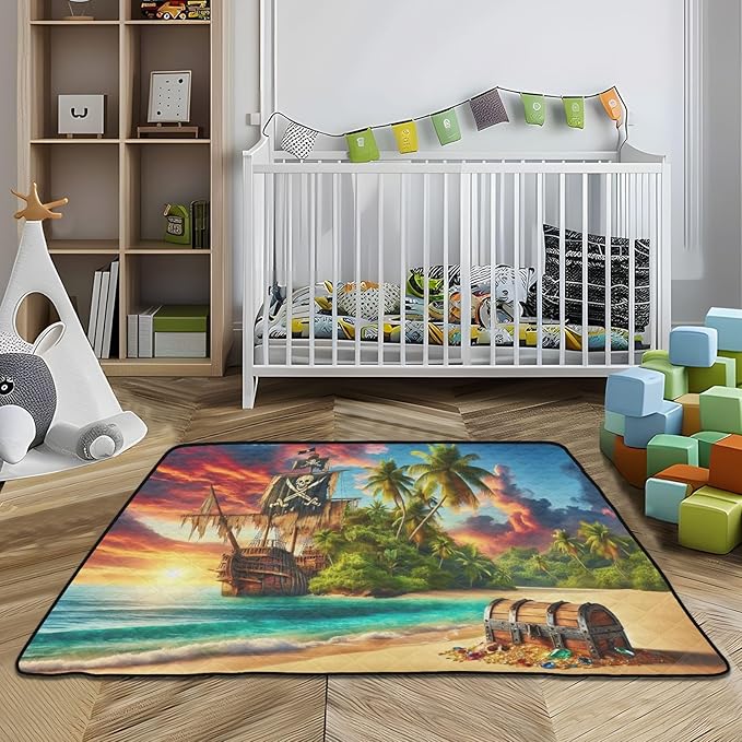 Tropic Pirate Ship Baby Play Mat for Floor, 50 x 50 Inch Soft Crawling Mat for Playpen, Waterproof Foldable Foam Baby Play Mats for Infants, Babies, Toddlers