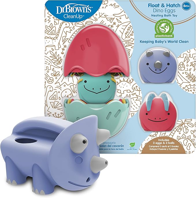 Dr. Brown’s CleanUp Pour & Roar Watering Can 6m+ and Float & Hatch Dino Eggs Nesting Bath Toy, 6m+, BPA Free, Certified Plastic Neutral