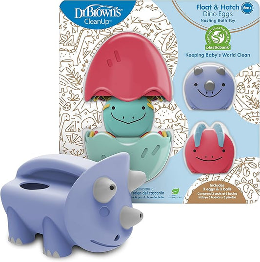 Dr. Brown’s CleanUp Pour & Roar Watering Can 6m+ and Float & Hatch Dino Eggs Nesting Bath Toy, 6m+, BPA Free, Certified Plastic Neutral