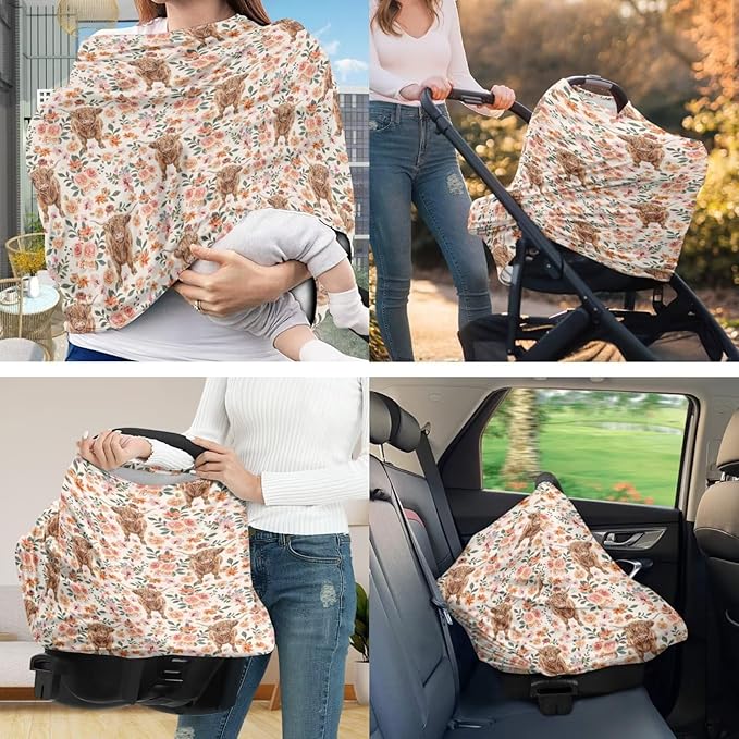 Cute Highland Cow Flower Car Seat Cover with U Shaped Pillowcase Cover Set of 2, Carseat Protectors for Girl Boy, Multi-use Baby Carrier Covers, Stroller Sun Shade, Nursing Breastfeeding Covers