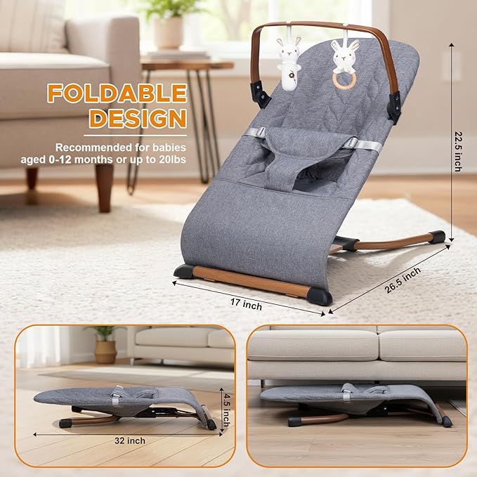 Portable Baby Bouncer, Bouncer Seat for Babies 0-12 Months, 3 Recline Positions, Foldable Baby Rocker Chair with Removable Wooden Bar, Gray