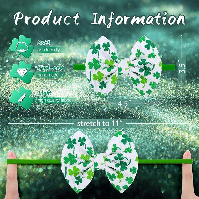 Velvet Baby Headbands 3 Count, Green Shamrock Print, Soft Nylon & Velvet Fabric, One Size Fits All, Hair Accessories for Baby Girls, St. Patrick's Day & Everyday Occasions