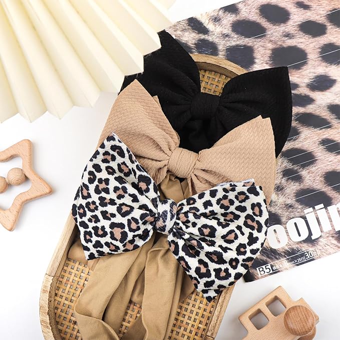 3 Pcs Baby Girl Bows Leopard Print Headbands for Girls 6’’ Brown Bow Toddler Hair Accessories Newborn Infant Baby Hair Wrap