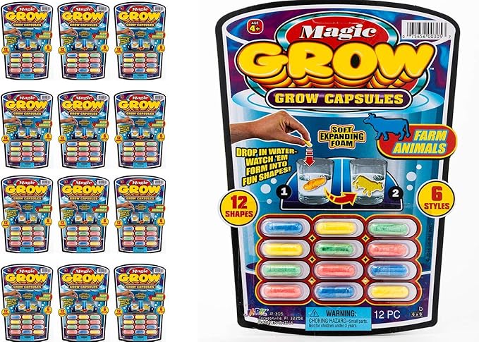 JA-RU Magic Grow Capsules for Kids (12 Pack, 144 Capsules Assorted) Water Growing Toys - Foam Sea Creatures, Dinosaurs, & Farm Animals, Science Party Favors & Classroom Prizes. J-305-12p