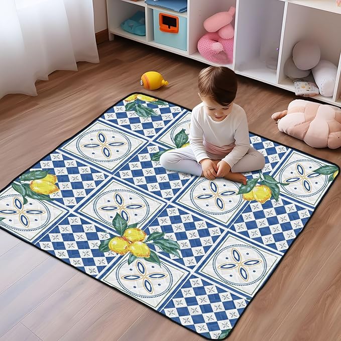 Baby Play Mat Geometric Lemons and Ceramic 50 x 50 Playpen Mat Baby Play Mats for Floor Play Gym Crawling Mat Non-Slip Cushioned Baby Playmat for Infants, Babies, Toddlers