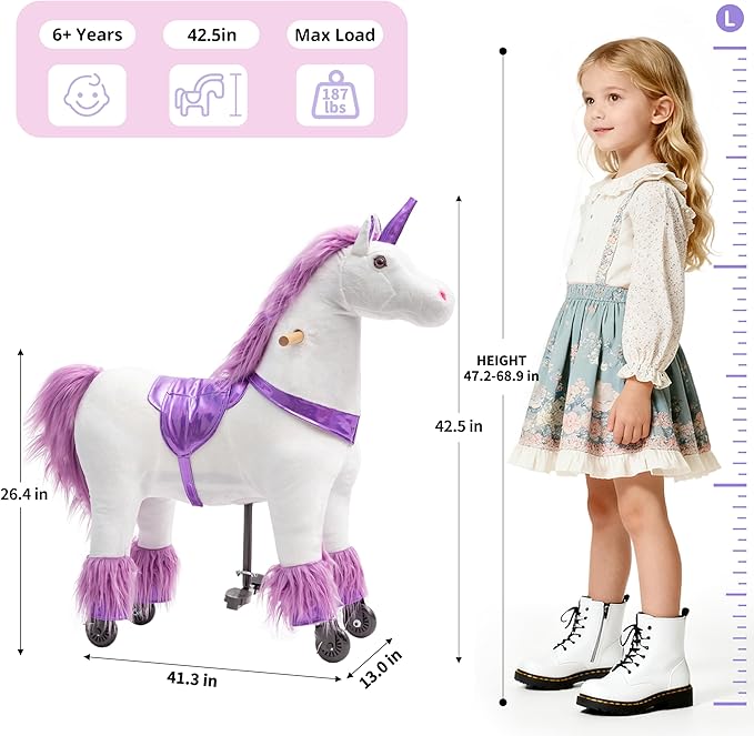 Pipleo Ride on Unicorn on Toys, Unicorn Ride on for Girls 6 to Adult, Ride on Unicorn Toys, Unicorn Rider Mechanical Walking Action Plush Animal, No Battery or Electricity,Max Load 187 LBS - Purple