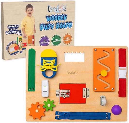 Driddle Busy Board - Wooden Montessori Activity Board for Toddlers & Kids - 12 Educational Sensory Toys to Learn Basic Life Skills & Develop Fine Motor Skills + Baby Mirror