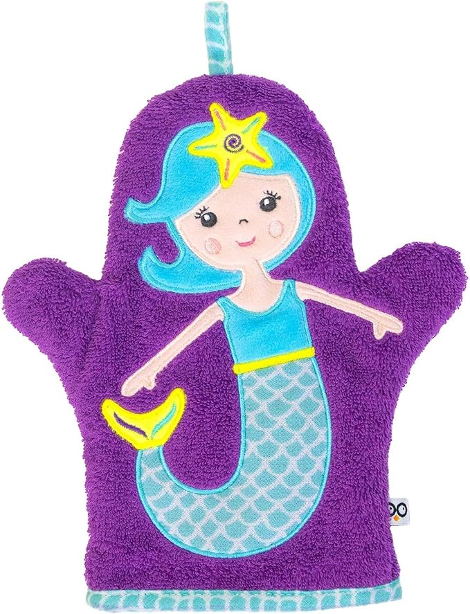 ZOOCCHINI Bath Mitt for Kids – 100% Cotton Terry with Soft Lining, Playful Animal Puppet Design for Fun Bathtime, One Size 5” x 9.25”, Maya the Mermaid