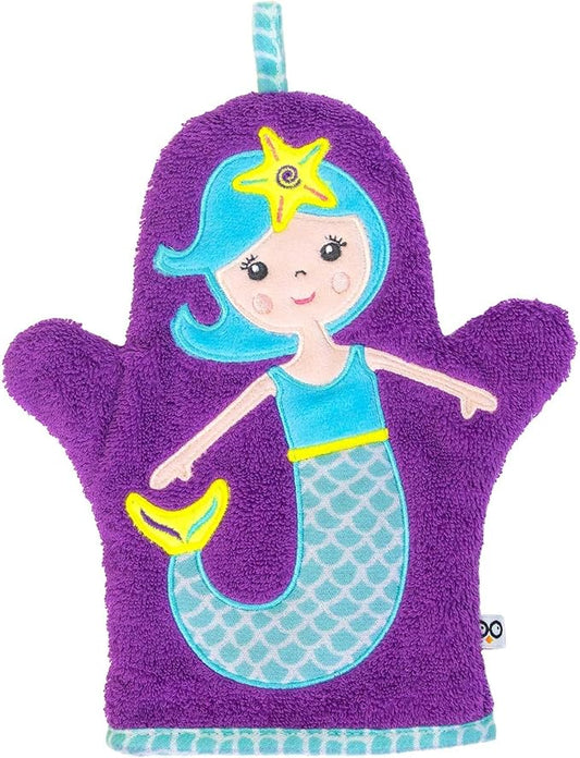 ZOOCCHINI Bath Mitt for Kids – 100% Cotton Terry with Soft Lining, Playful Animal Puppet Design for Fun Bathtime, One Size 5” x 9.25”, Maya the Mermaid