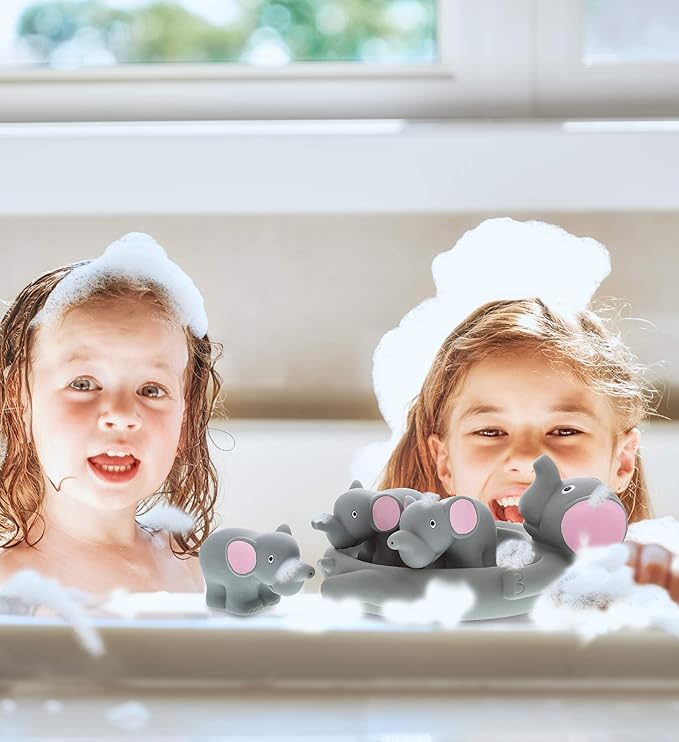 DolliBu Elephant Family Animal Bath Squirters 4 Piece Bath Toy Set, Children Bath Toys for Bathtime & Water Fun, Girls & Boys Floating Rubber Squirt Toys, Pool Toys for Kids - Gray Elephant