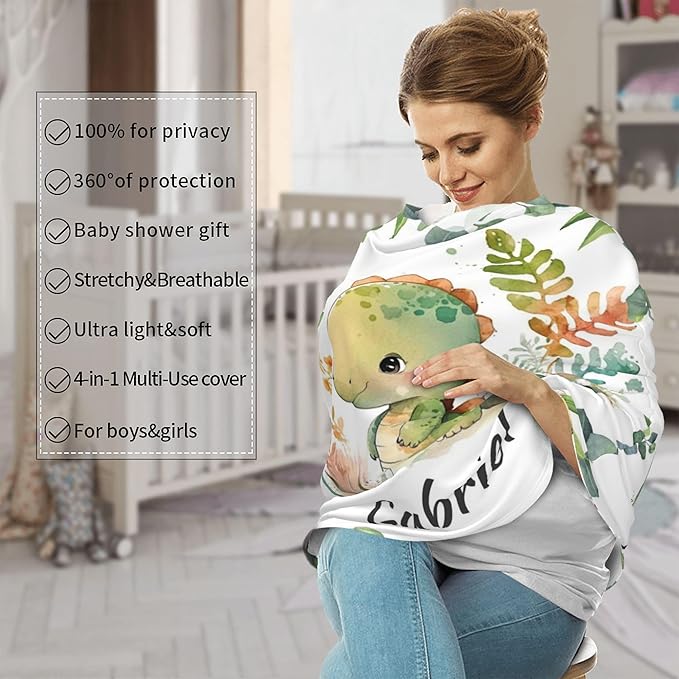 Personalized Dinosaur Baby Car Seat Cover with Name,Multi-Use Canopy for Nursing, Strollers,Shopping Carts,Customized Breastfeeding Cover, Full Privacy,Infant Stroller Cover
