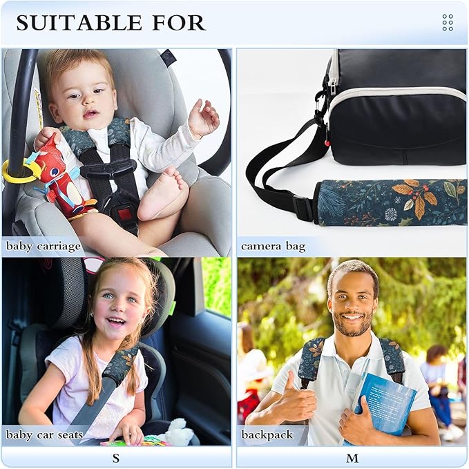 2 Pack Seatbelt Covers Seat Belt Cover Pad for Adults Boys Girls Car Seat Strap Covers Pads Cushion Universal Shoulder Strap Pad Protector for Backpack Camera Bag 10x7.7Inch Vintage Blue Holly Leaves