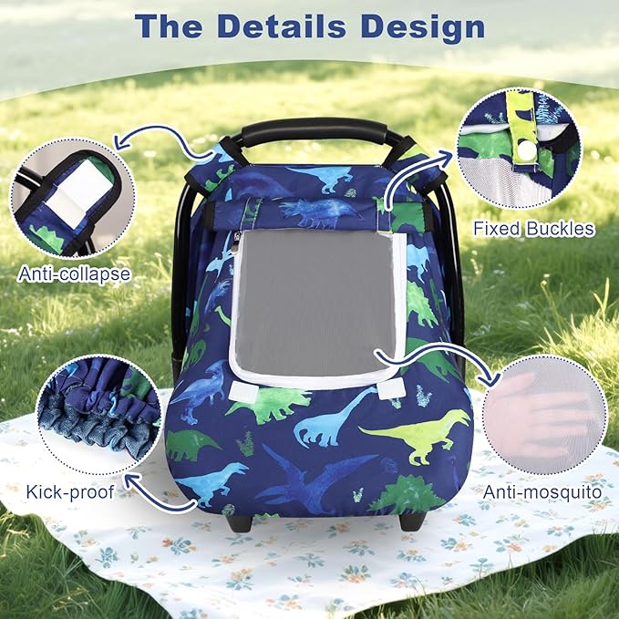 Windproof Baby Car Seat Cover, 3D Mink Dot Infant Car Seat Canopy with Breathable Mesh Window, Baby Carrier Cover for All Seasons, Easy Access Carseat Carrie Snug Fit Stroller, (Dinosaur)