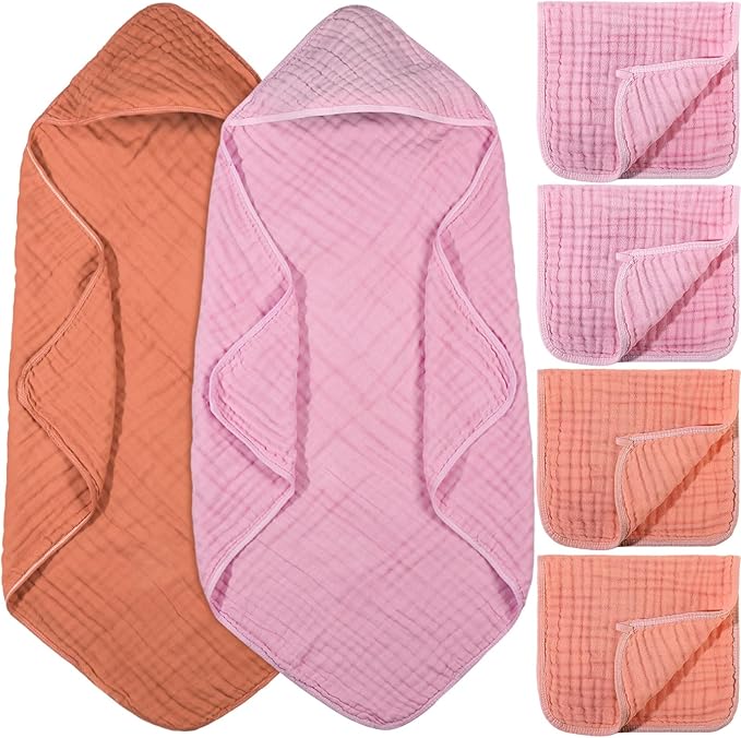 VitalCozy 6 Pcs Baby Muslin Hooded Bath Towels and Washcloths, Muslin Hooded Baby Towels Absorbent Blankets for Gift Newborn Infant Shower (Pink,Orange)