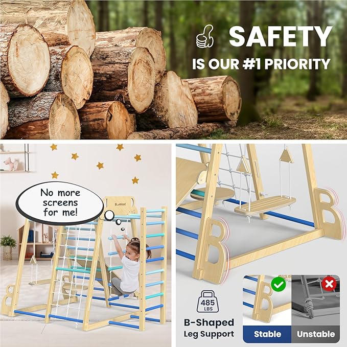 BlueWood Upgraded Indoor Jungle Gym 9-in-1 Playground Kids Climbing Toys, Waldorf Style Wooden Climber Playset with Slide, Swing, Monkey Bars, Upright/Rope Ladder, Climb Net, Blue