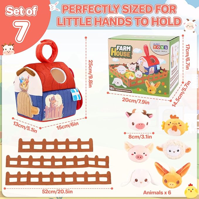 deAO Baby Toys Soft Barn Toy Plush Farm Animal Playset with Rattle, Crinkle Paper Mirror for Babies Sensory Toy for Newborn Infant Boy Girl Age 18+ Months Birthday Gifts