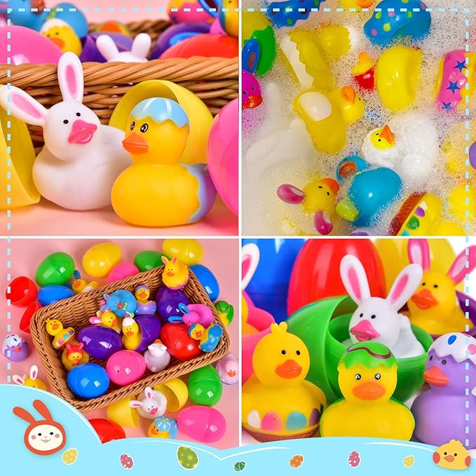 18 Pcs Prefilled Easter Eggs with Rubber Duck Toys for Kids, Bright Colorful Easter Eggs Filled with Assorted Bunny Rabbit Duckies for Fun Bath Toys, Easter Basket Stuffers and Party Favors