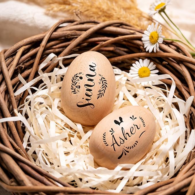 Custom Musical Easter Egg Shaker with Engraved Name, First Easter Gifts for Baby 2026, Wooden Easter Egg Basket Stuffers for Kids, Fake Eggs for Egg Hunting Prize Decor Party Baptism Gift 1 PCS