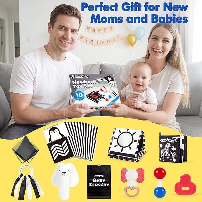 URMYWO 10 Pcs High Contrast Black and White Baby Toys for Newborn, Tummy Time Mirror, Rattle, Teether, Visual Stimulation Learning Cards, Sensory Toys for 0-6 Months, Baby Boy Girl Gift Easter Stuffer