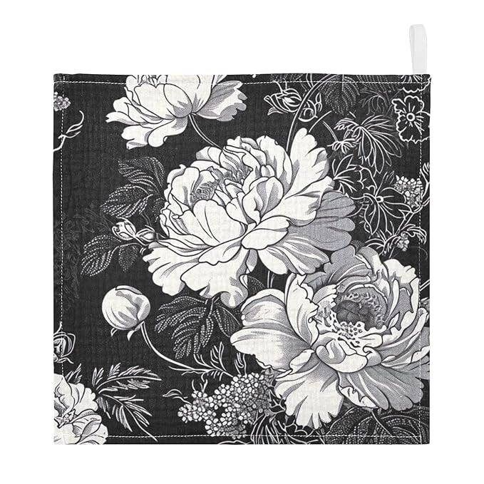 White Flowers Black Baby Washcloths - 5 Pack Muslin Cotton Face Towels for Baby Newborn Girls and Boys - Soft and Absorbent - 11.8 Inch