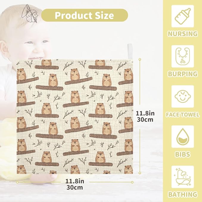 Newborn Face Towel Beaver Soft Cotton Baby Washcloths 11.8 x 11.8 Inch Infants Girls Boys Muslin Burp Cloths 5 Pack