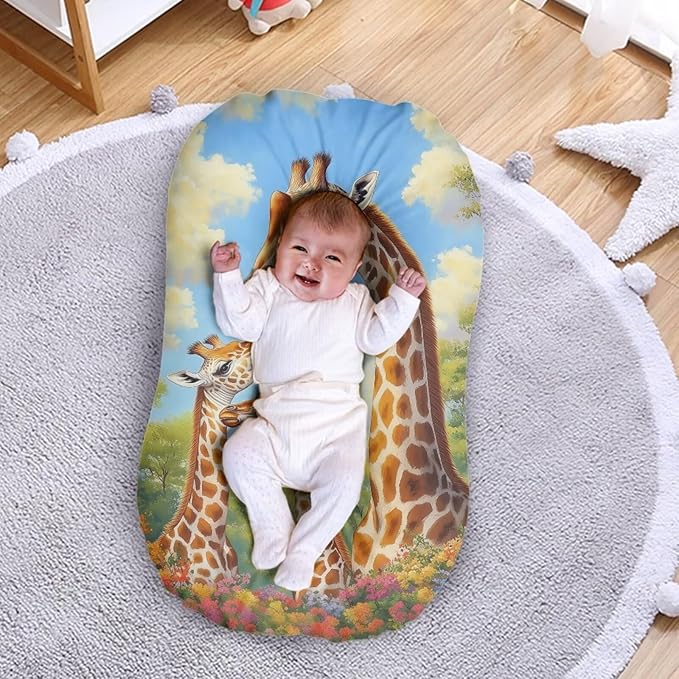 Giraffe Family Baby Lounger Cover for Boys, Newborn Snuggle Me Lounger Covers, Removable Nest Slipcover Soft Comfortable 31.5'' x 21.3''
