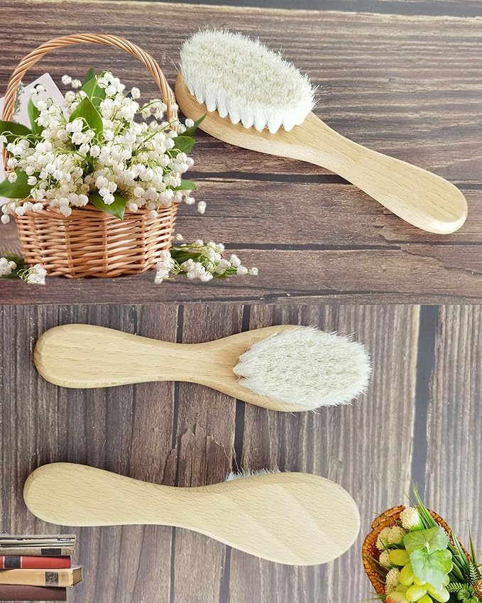 Baby Hair Brush and Pink Cradle Cap Brush Set for Newborns and Toddlers, Wooden Baby Hair Brush Set with Soft Goat Bristle, Baby Hair Care Kit (2PCS)