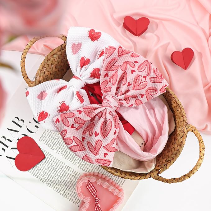 Valentines Bows for Baby Girls 6'' Large Nylon Headband Handmade Hairbands with Bows Red Light Pink Heart Baby Valentines Day Gifts Hair Accessories Kids